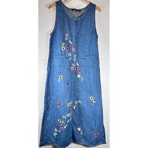 Vintage Agapo Denim Floral Butterfly Bee Embroidered Jumper Dress Size S
